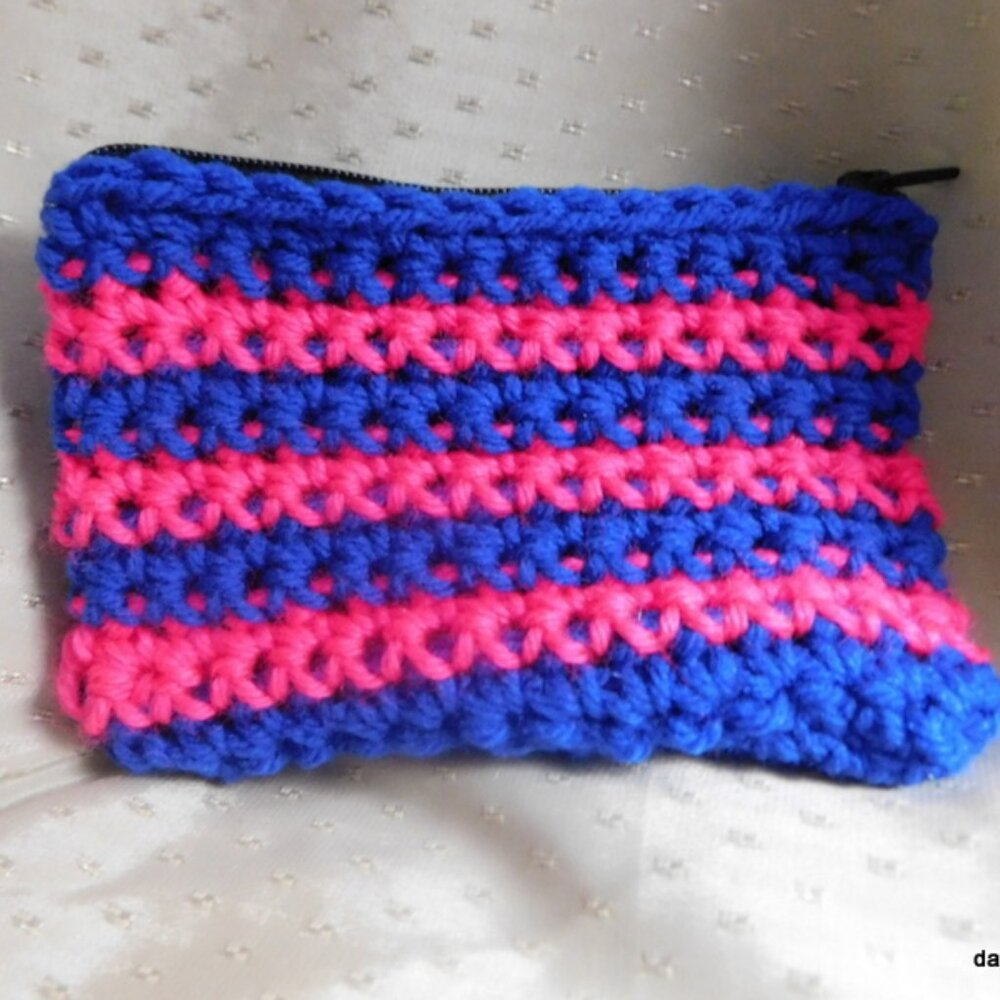 New Blue and Pink crocheted change purse with zipper and keyring